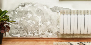 Mould growing on a wall beside a radiator in a room.