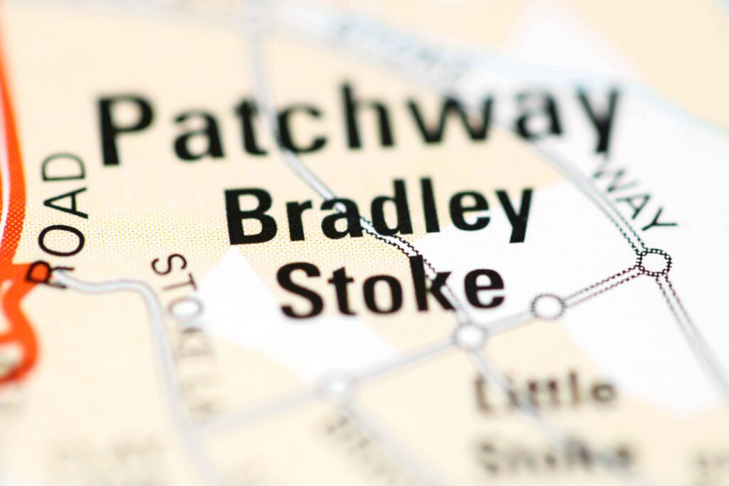 Patchway and Bradley Stoke area, showcasing residential streets and greenery.