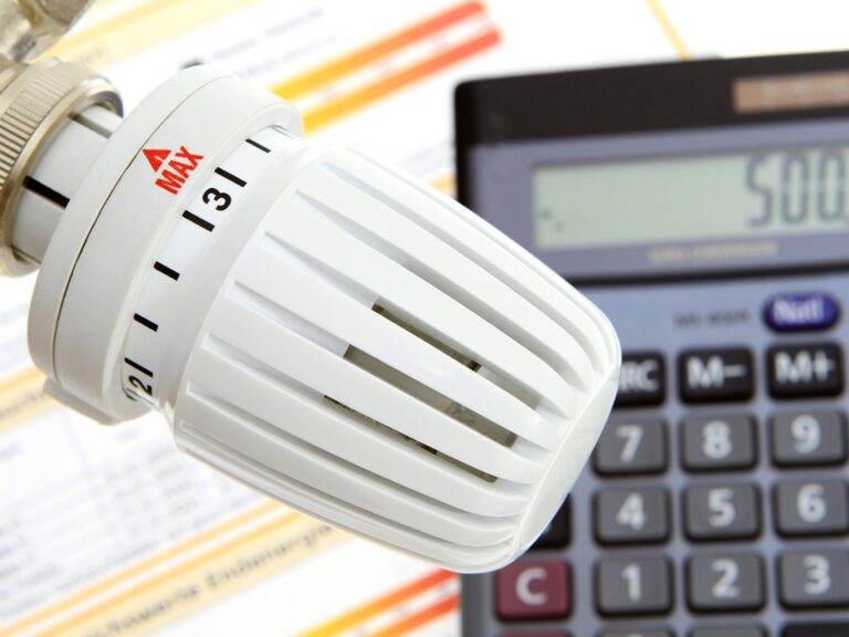 Light bulb and calculator resting on a wooden table surface.