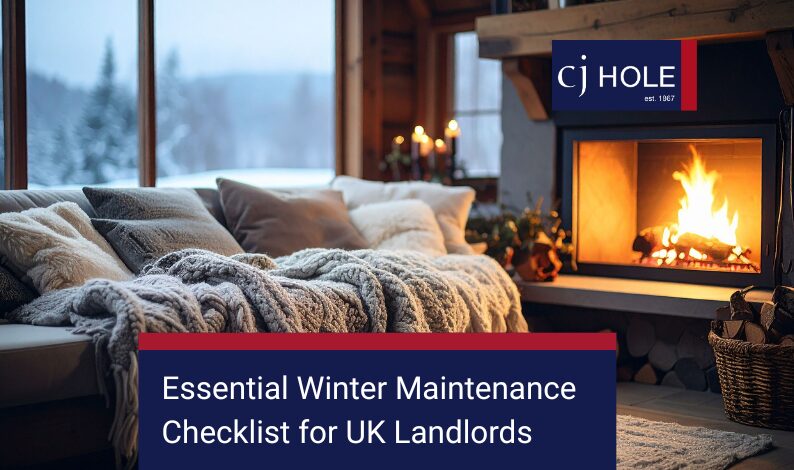 Cozy living room with soft blankets and a lit fireplace, symbolising essential winter maintenance and preparation tips for UK landlords by CJ Hole.