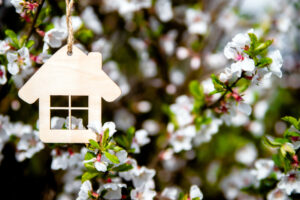 a wooden birdhouse hanging on a tree branch