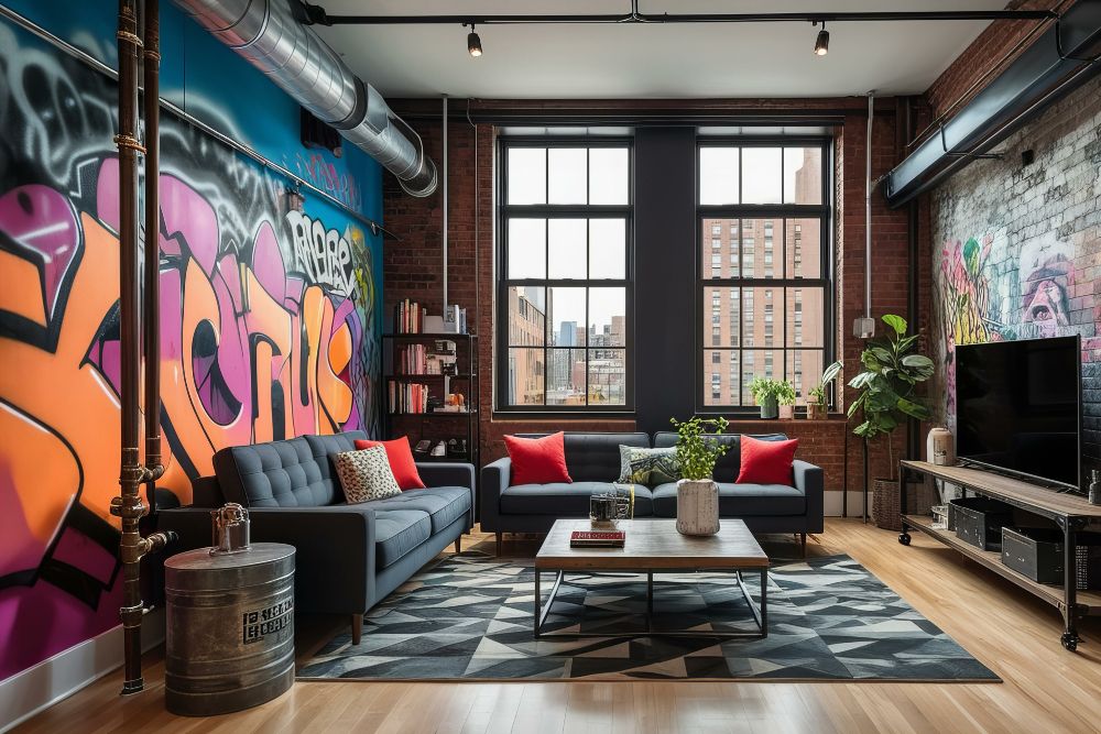 Students living room featuring a large, vibrant mural on the wall