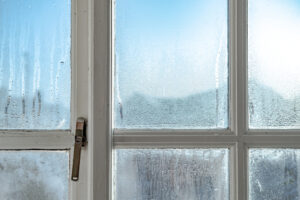 Frosted window beside a wooden door in a winter setting.