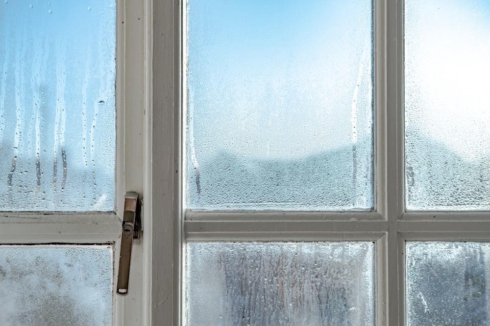 Frosted window beside a wooden door in a winter setting.