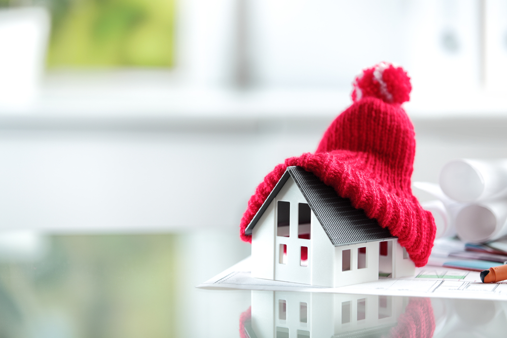 A house wearing a red hat beside a small model of a house.