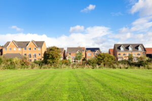 Grassy field with houses visible in the background.