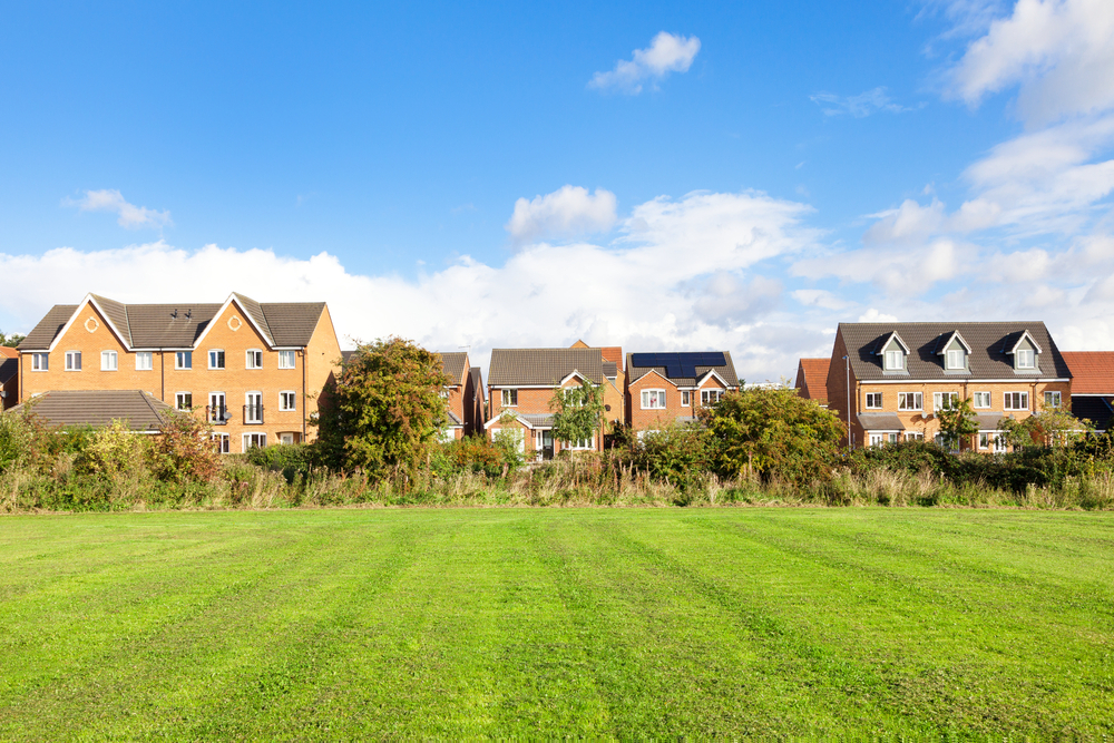 Grassy field with houses visible in the background.