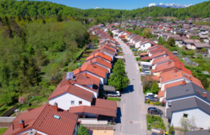 Aerial view of a quiet residential neighbourhood with houses.