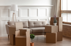 a living room with cardboard boxes on the floor